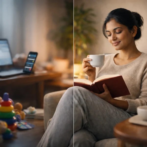 Me-time | Woman balancing busy responsibilities and peaceful me-time at home.