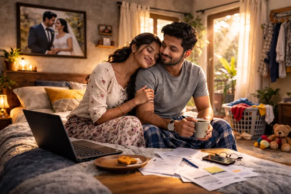 Marry | Young Sri Lankan married couple sitting closely on their bed in warm natural light, with a black laptop, financial papers, and a single tea cup on a plate, reflecting everyday married life beyond the wedding.