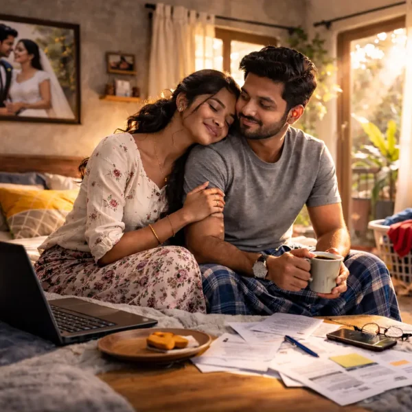 Marry | Young Sri Lankan married couple sitting closely on their bed in warm natural light, with a black laptop, financial papers, and a single tea cup on a plate, reflecting everyday married life beyond the wedding.