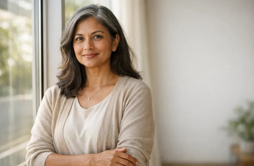 Confident South Asian woman in her early 50s standing by a window in soft natural light, with grey-streaked hair and a calm, assured expression, representing self-worth and empowerment after 50.