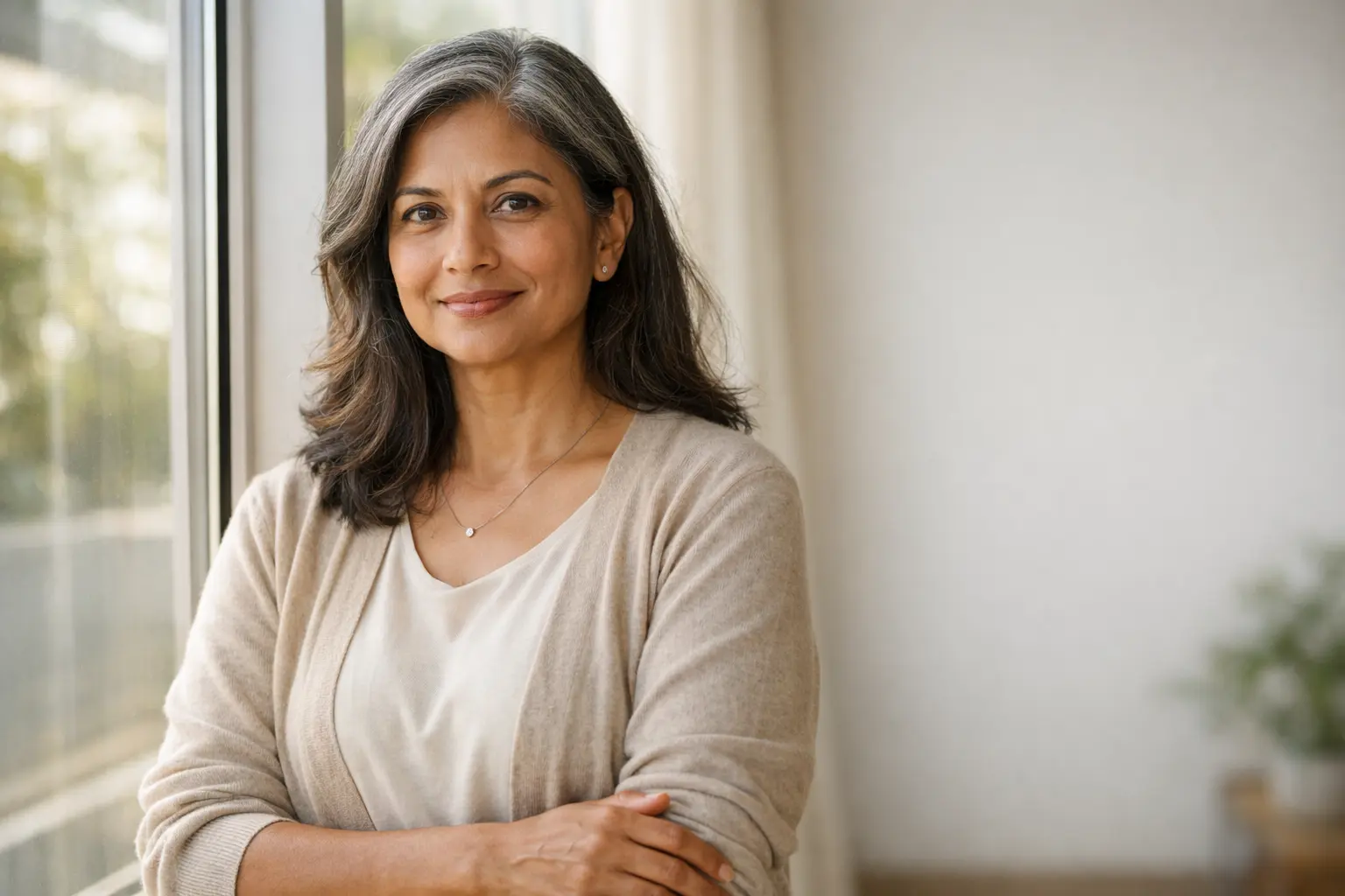 Confident South Asian woman in her early 50s standing by a window in soft natural light, with grey-streaked hair and a calm, assured expression, representing self-worth and empowerment after 50.