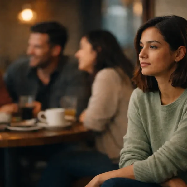 Loneliness | A woman in a sage green sweater sits quietly in a café while people chat in the background, expressing subtle loneliness in a social setting