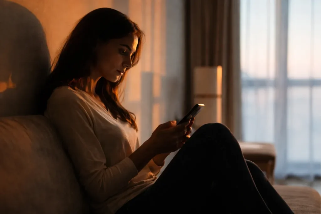 Breadcrumbing | A woman sitting alone on a sofa in soft evening light, looking at her phone in a quiet, reflective moment by the window.