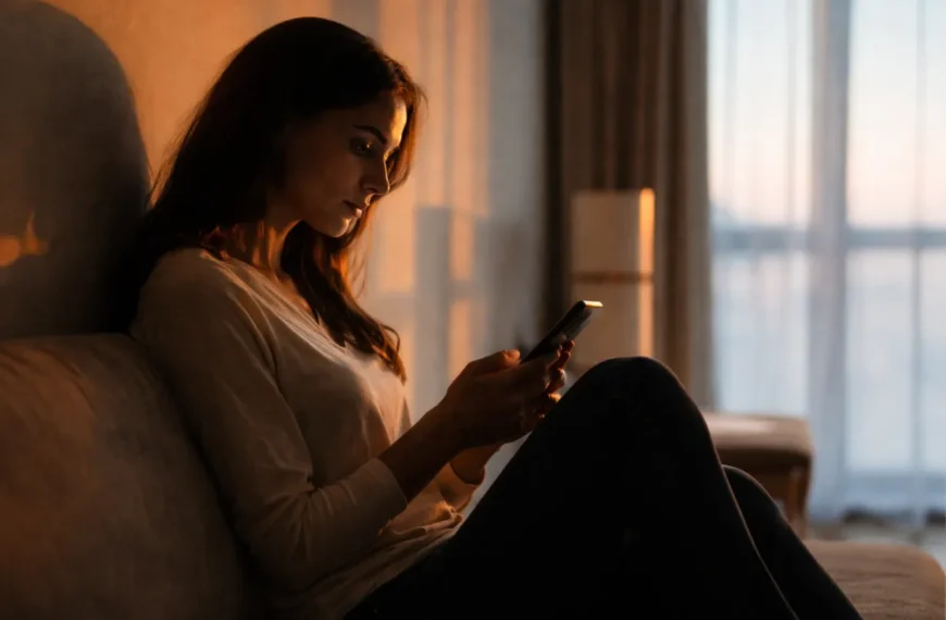 Breadcrumbing | A woman sitting alone on a sofa in soft evening light, looking at her phone in a quiet, reflective moment by the window.