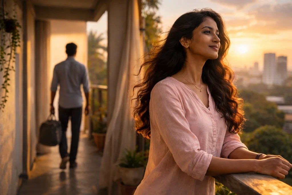 Divorce | Sri Lankan woman in a light pink top standing calmly on a balcony at sunrise, while a man walks away in the blurred background, symbolising peaceful separation and new beginnings.