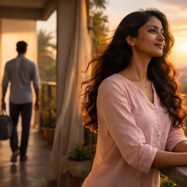 Divorce | Sri Lankan woman in a light pink top standing calmly on a balcony at sunrise, while a man walks away in the blurred background, symbolising peaceful separation and new beginnings.