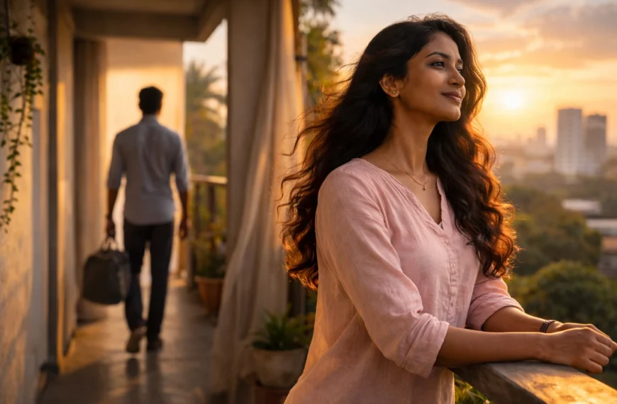 Divorce | Sri Lankan woman in a light pink top standing calmly on a balcony at sunrise, while a man walks away in the blurred background, symbolising peaceful separation and new beginnings.