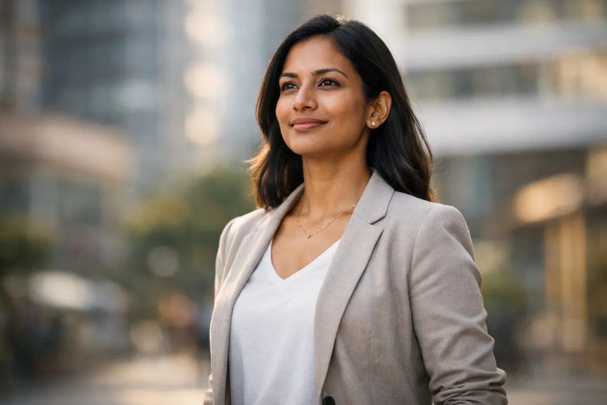 Confident Sri Lankan woman standing tall with strong posture in natural daylight, wearing smart-casual attire in an urban setting, symbolising independence and self-confidence.