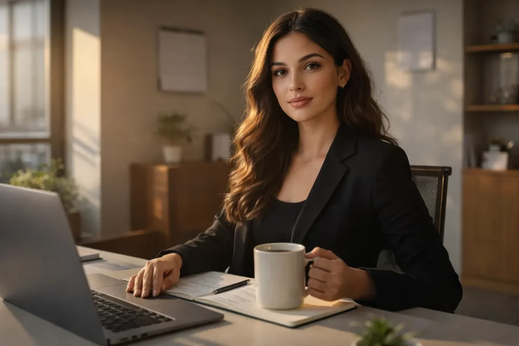 Post-Holiday Blues | A confident woman in a black blazer sitting at a desk with a laptop and coffee, focused and composed as she resumes work after a holiday.