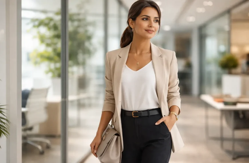 Professional | A young professional woman in a modern office setting wearing a neutral-toned blazer, white blouse, and black trousers, carrying a structured handbag and looking confident with a clean, polished appearance.