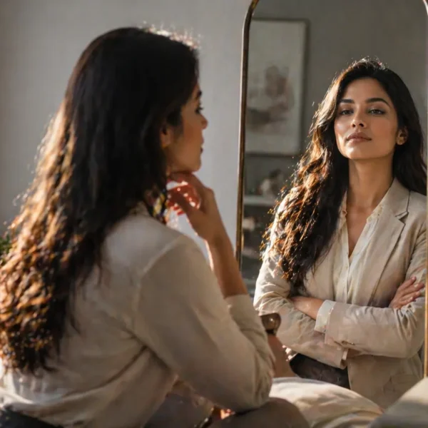 Imposter Syndrome | A young professional woman looking at her reflection in a mirror, where she sees a more confident and self-assured version of herself in a calm workspace.