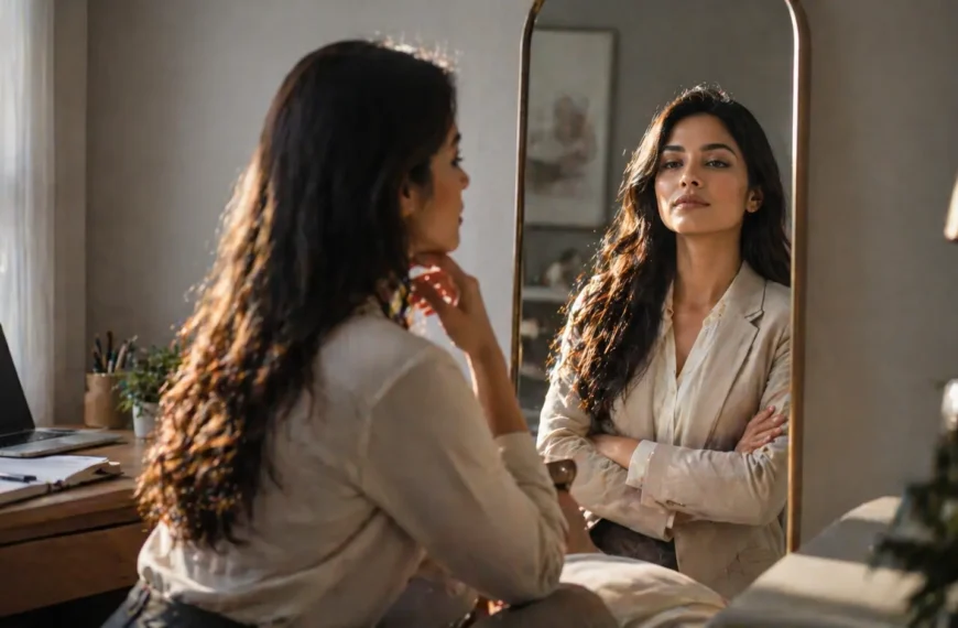 Imposter Syndrome | A young professional woman looking at her reflection in a mirror, where she sees a more confident and self-assured version of herself in a calm workspace.