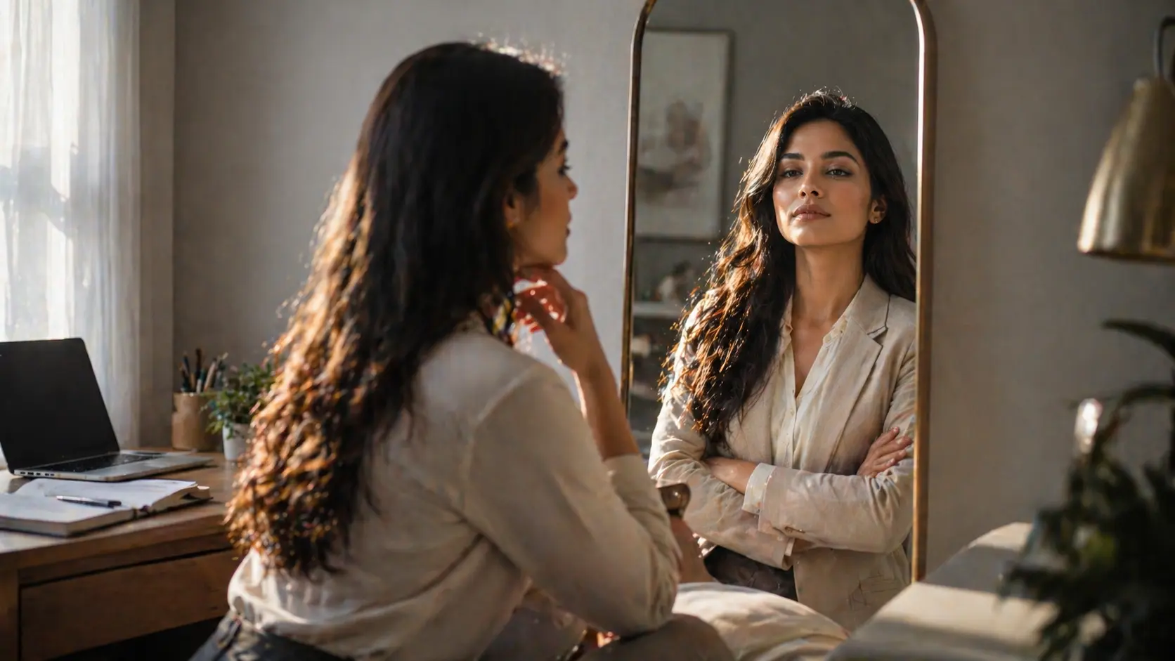Imposter Syndrome | A young professional woman looking at her reflection in a mirror, where she sees a more confident and self-assured version of herself in a calm workspace.