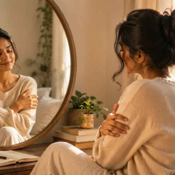 Self-compassion | A young woman in a warm, softly lit room gently hugging herself while looking at her matching reflection in a mirror, expressing self-compassion and emotional peace.