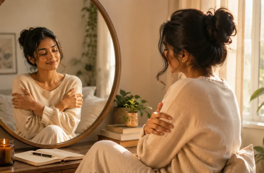 Self-compassion | A young woman in a warm, softly lit room gently hugging herself while looking at her matching reflection in a mirror, expressing self-compassion and emotional peace.