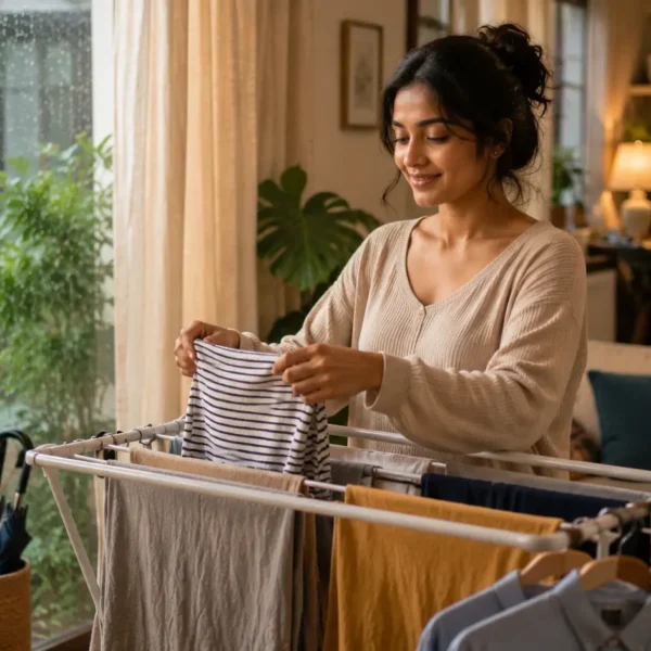 tips | A woman calmly arranging clothes on an indoor drying rack inside a cozy Sri Lankan home while rain falls outside the window.