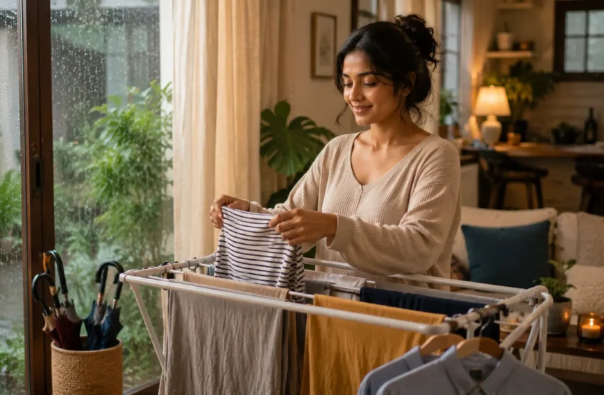 tips | A woman calmly arranging clothes on an indoor drying rack inside a cozy Sri Lankan home while rain falls outside the window.