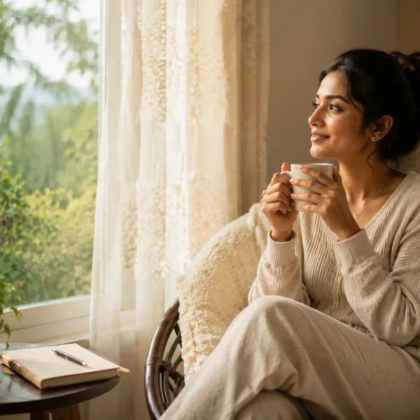 Me-time | A young woman enjoying peaceful me-time by a large window, holding a warm drink and looking calm, relaxed, and reflective.