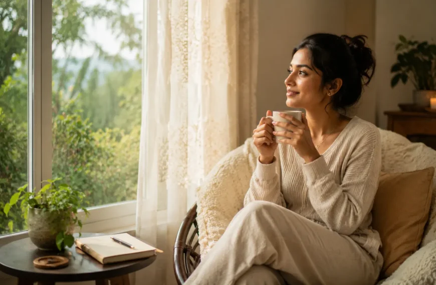 Me-time | A young woman enjoying peaceful me-time by a large window, holding a warm drink and looking calm, relaxed, and reflective.