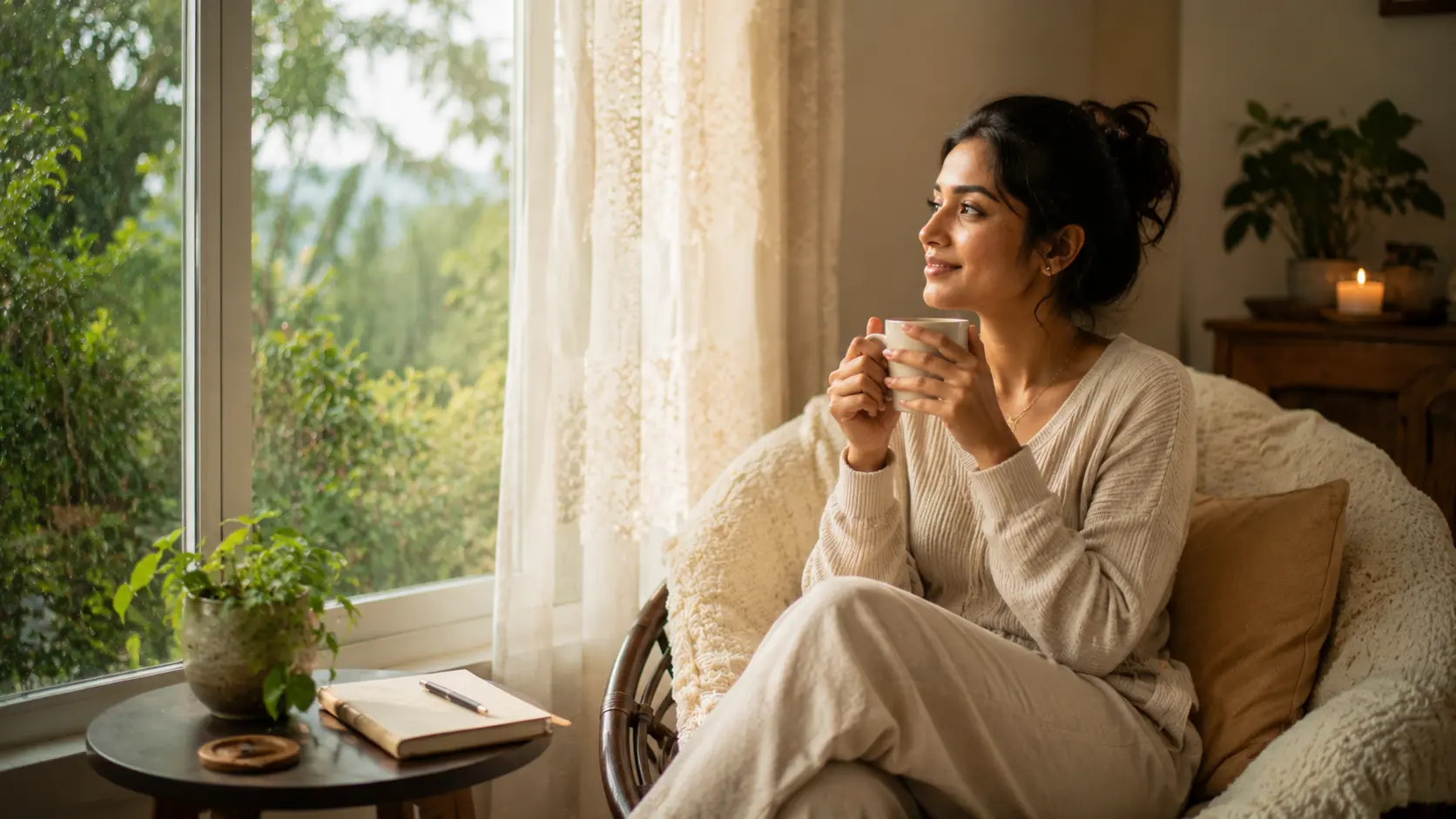 Me-time | A young woman enjoying peaceful me-time by a large window, holding a warm drink and looking calm, relaxed, and reflective.