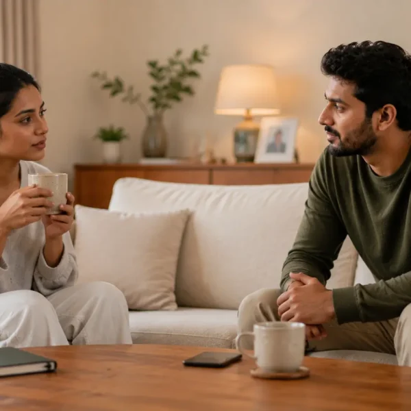 Self-Regulation | Sri Lankan couple sitting calmly in a warm living room, having a thoughtful conversation with composed expressions, cups of tea and a phone placed aside on the table, representing self-regulation and emotional control during a disagreement