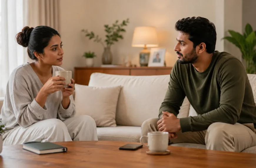 Self-Regulation | Sri Lankan couple sitting calmly in a warm living room, having a thoughtful conversation with composed expressions, cups of tea and a phone placed aside on the table, representing self-regulation and emotional control during a disagreement