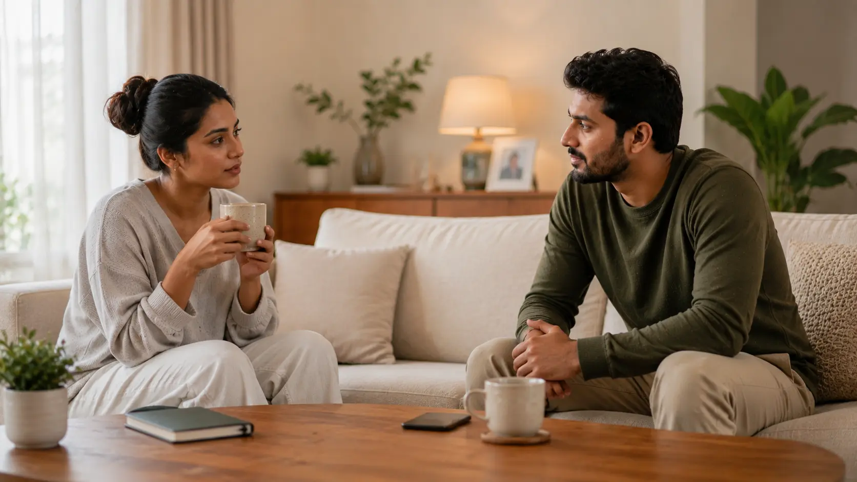 Self-Regulation | Sri Lankan couple sitting calmly in a warm living room, having a thoughtful conversation with composed expressions, cups of tea and a phone placed aside on the table, representing self-regulation and emotional control during a disagreement