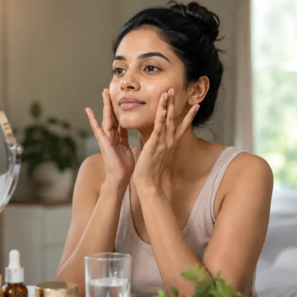 Face Yoga | A young Sri Lankan woman gently performing face yoga in front of a mirror at home, with glowing natural skin, soft daylight, skincare products, a water glass, and plants creating a calm wellness setting.