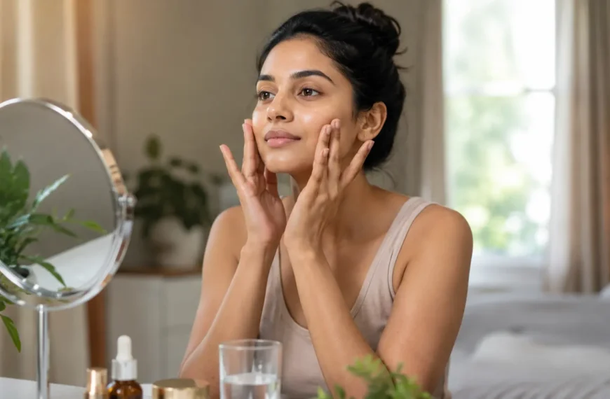 Face Yoga | A young Sri Lankan woman gently performing face yoga in front of a mirror at home, with glowing natural skin, soft daylight, skincare products, a water glass, and plants creating a calm wellness setting.