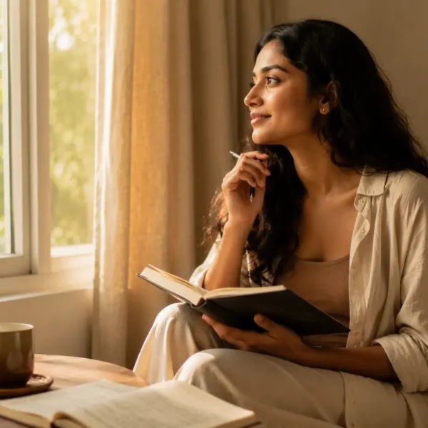 Rumination | A young Sri Lankan woman sitting by a sunlit window with a journal and pen, peacefully reflecting and letting go of past regrets.