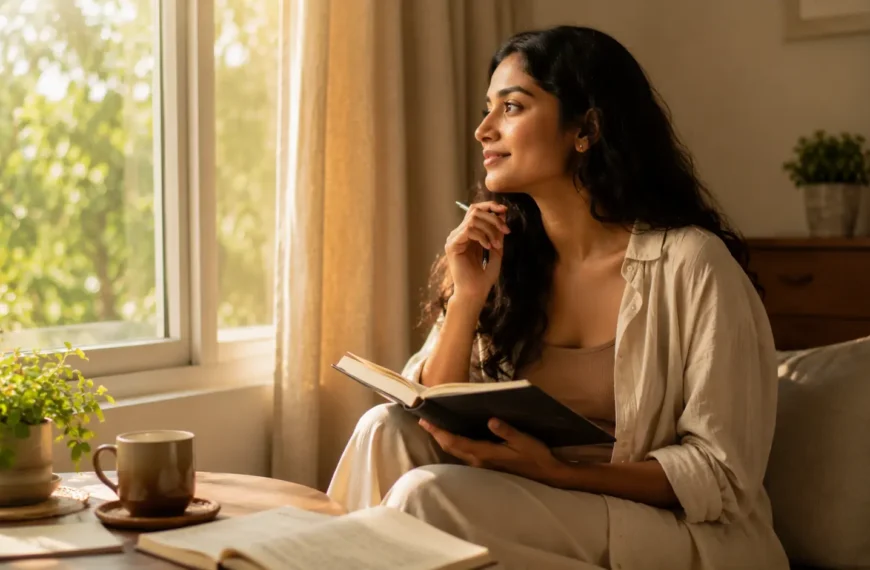 Rumination | A young Sri Lankan woman sitting by a sunlit window with a journal and pen, peacefully reflecting and letting go of past regrets.