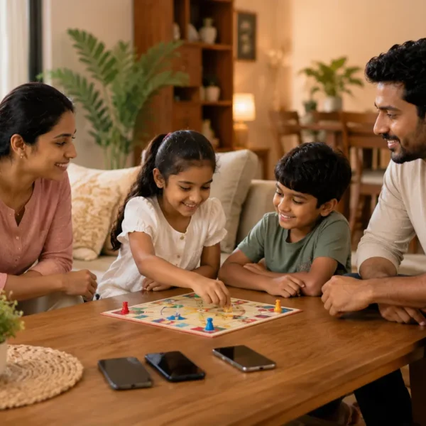 Screen-Time | Sri Lankan family spending quality time together at home, playing a board game while smartphones are placed face-down on the coffee table, representing screen-time control and digital balance.