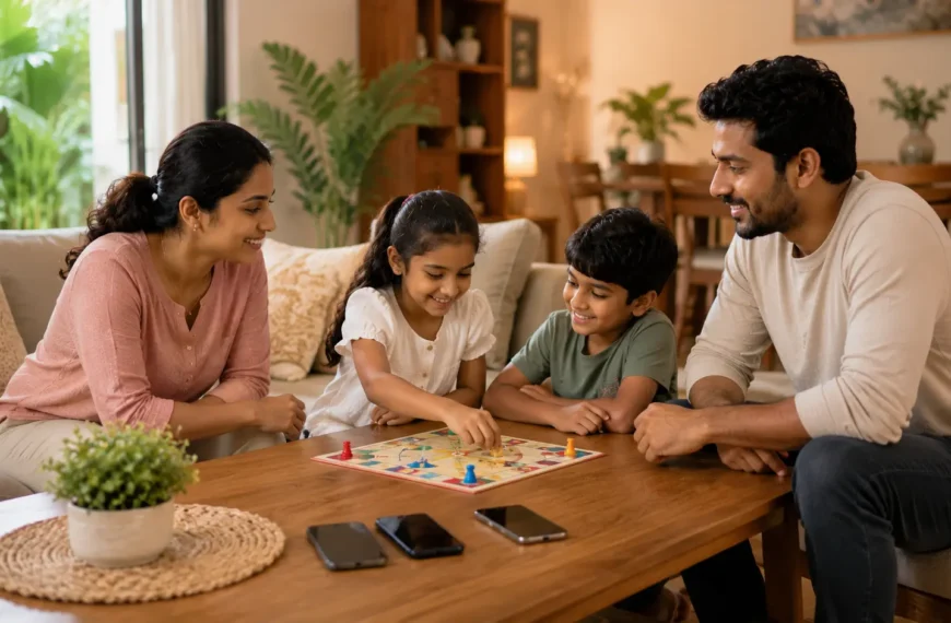 Screen-Time | Sri Lankan family spending quality time together at home, playing a board game while smartphones are placed face-down on the coffee table, representing screen-time control and digital balance.