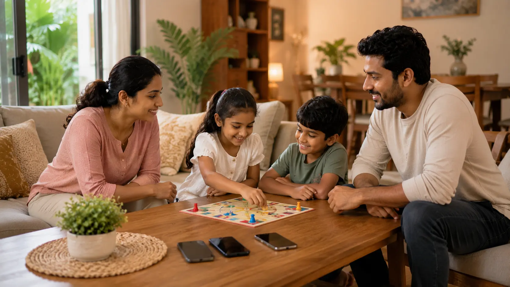 Screen-Time | Sri Lankan family spending quality time together at home, playing a board game while smartphones are placed face-down on the coffee table, representing screen-time control and digital balance.