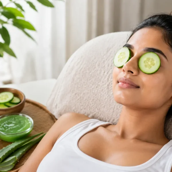 Hydration | A young Sri Lankan woman relaxing with cucumber slices over her eyes in a bright spa-like home setting, surrounded by a glass of water, aloe vera gel, tea bags, and natural skincare items, promoting hydration and relief from dark circles and puffy eyes.