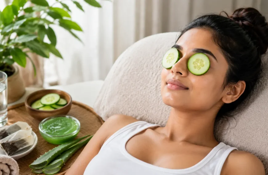 Hydration | A young Sri Lankan woman relaxing with cucumber slices over her eyes in a bright spa-like home setting, surrounded by a glass of water, aloe vera gel, tea bags, and natural skincare items, promoting hydration and relief from dark circles and puffy eyes.