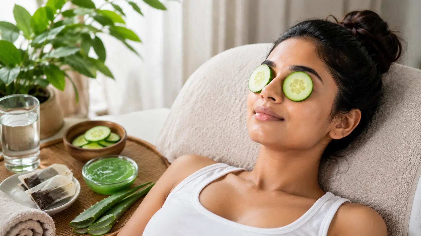 Hydration | A young Sri Lankan woman relaxing with cucumber slices over her eyes in a bright spa-like home setting, surrounded by a glass of water, aloe vera gel, tea bags, and natural skincare items, promoting hydration and relief from dark circles and puffy eyes.