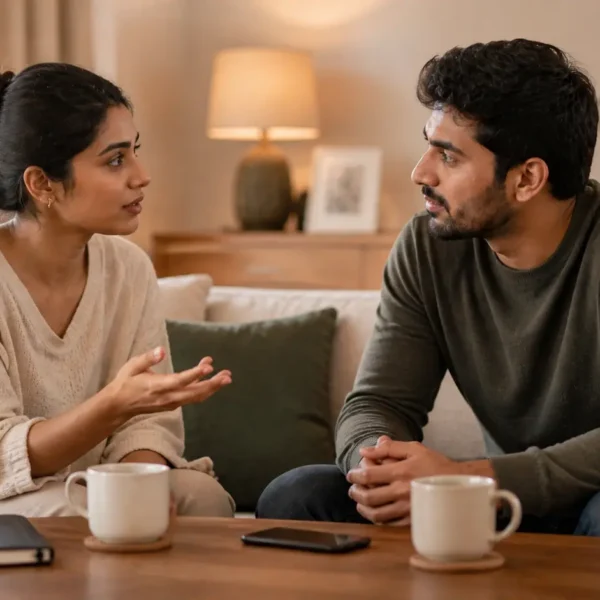 Conflict Resolution | Sri Lankan couple sitting together in a calm living room, having a respectful conversation with focused expressions, cups of tea and a phone placed aside on the table, representing healthy conflict resolution and communication