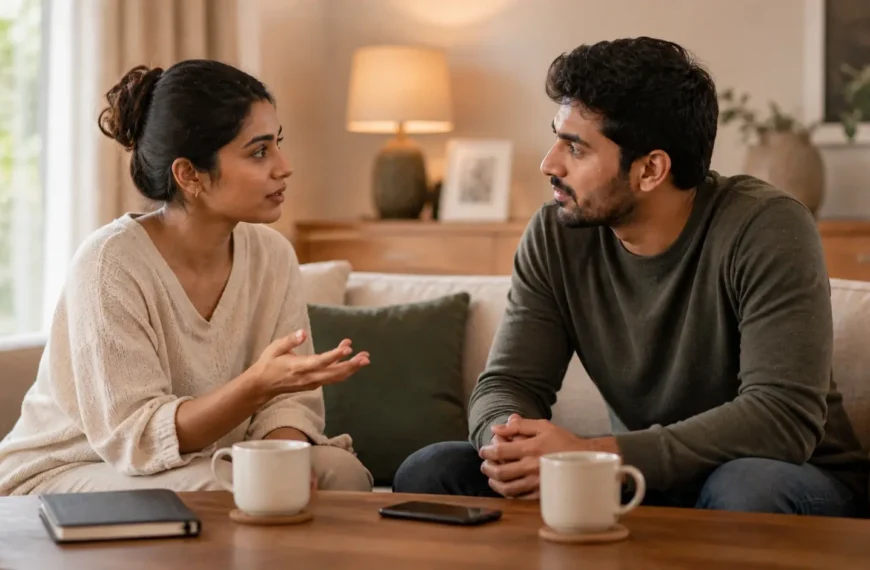 Conflict Resolution | Sri Lankan couple sitting together in a calm living room, having a respectful conversation with focused expressions, cups of tea and a phone placed aside on the table, representing healthy conflict resolution and communication