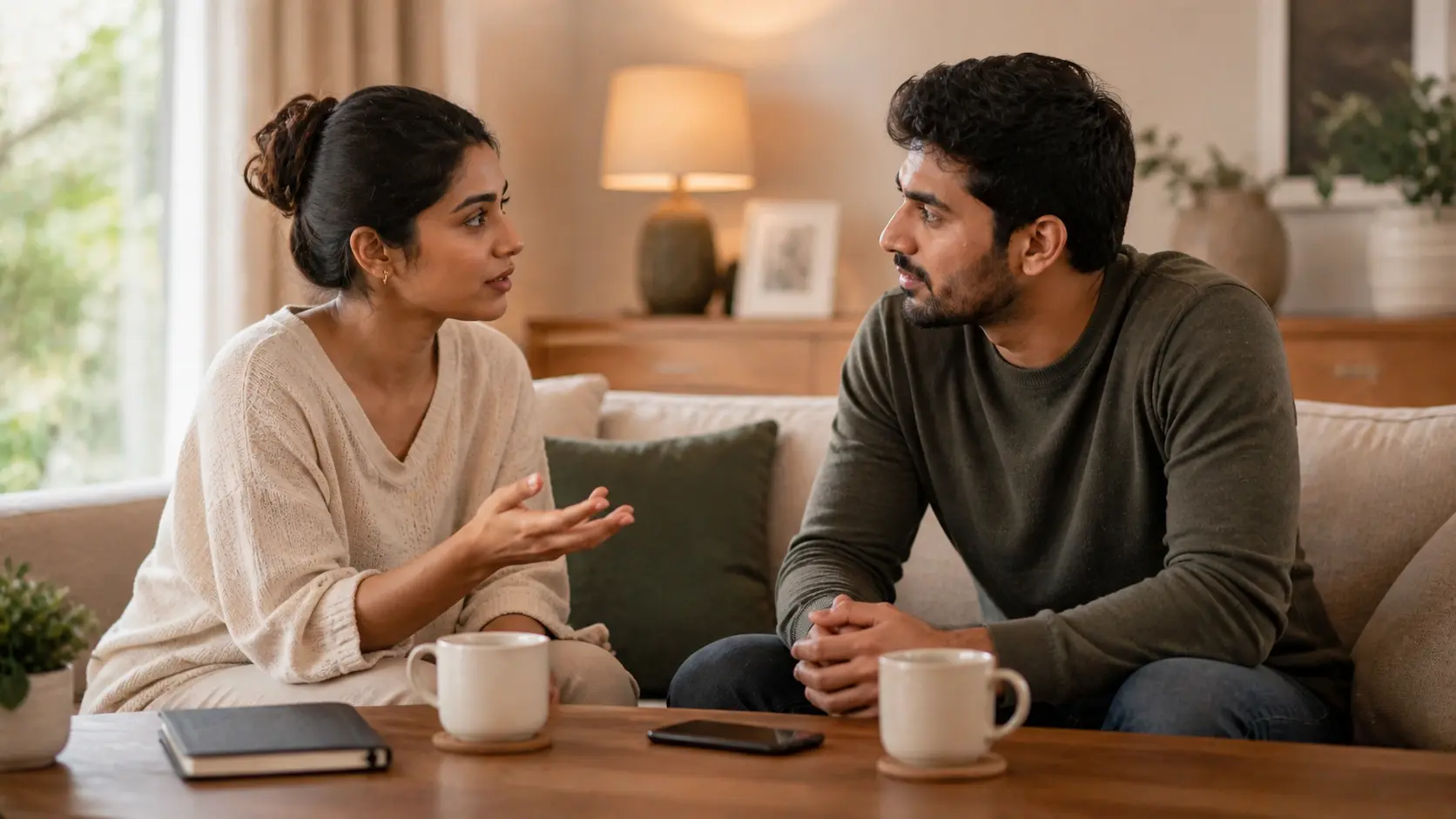 Conflict Resolution | Sri Lankan couple sitting together in a calm living room, having a respectful conversation with focused expressions, cups of tea and a phone placed aside on the table, representing healthy conflict resolution and communication