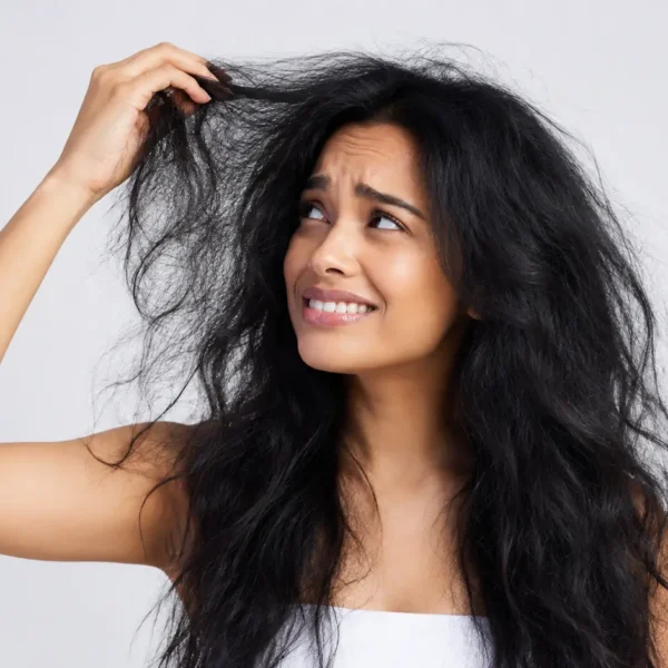 Humidity | A young woman with long dark hair looking concerned as she holds a frizzy, tangled section of her hair, highlighting the effects of humidity, dryness, and hair damage against a clean studio background.