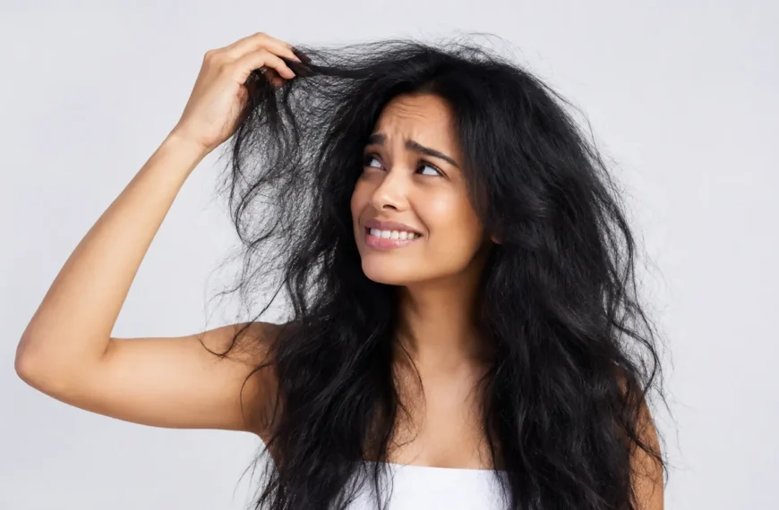Humidity | A young woman with long dark hair looking concerned as she holds a frizzy, tangled section of her hair, highlighting the effects of humidity, dryness, and hair damage against a clean studio background.