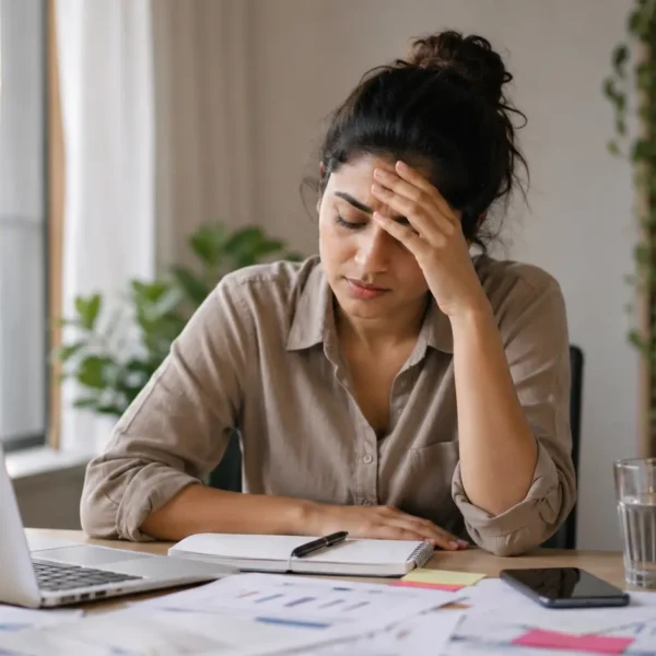 Stress | Young Sri Lankan woman sitting at a desk in a modern home office, looking stressed and mentally overwhelmed while holding her forehead. An open laptop, notebook, scattered papers, smartphone, and a glass of water are placed on the desk around her. Soft natural light enters through a nearby window, creating a realistic scene of workplace pressure, mental fatigue, and the need for a short break during a busy day.