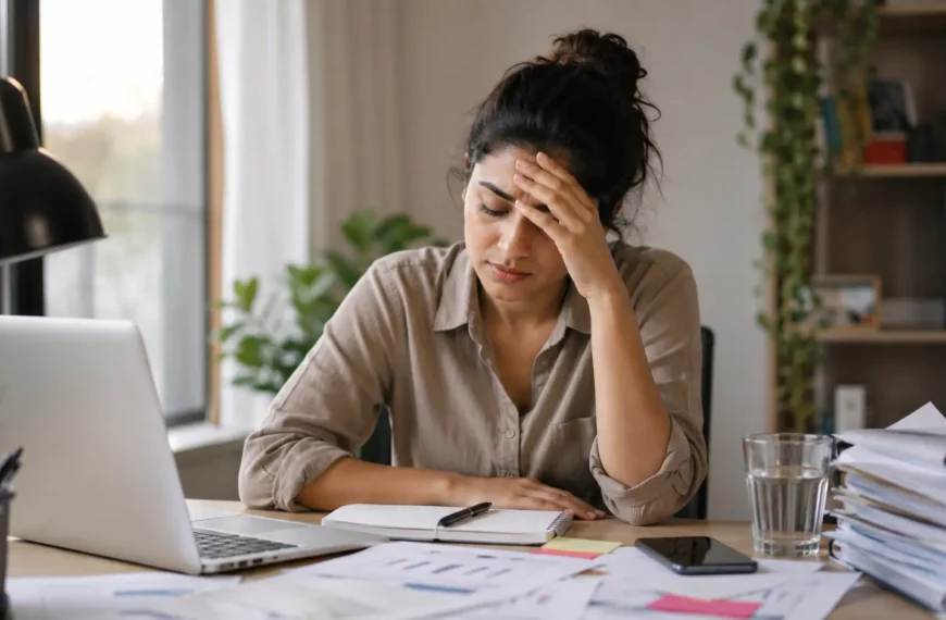 Stress | Young Sri Lankan woman sitting at a desk in a modern home office, looking stressed and mentally overwhelmed while holding her forehead. An open laptop, notebook, scattered papers, smartphone, and a glass of water are placed on the desk around her. Soft natural light enters through a nearby window, creating a realistic scene of workplace pressure, mental fatigue, and the need for a short break during a busy day.