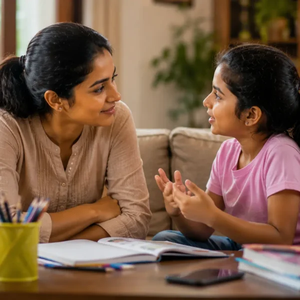 Parenting | Sri Lankan mother listening attentively to her daughter at home, sitting at eye level with warm eye contact, with books, a school bag, and toys nearby, symbolising positive parenting and healthy parent-child communication.