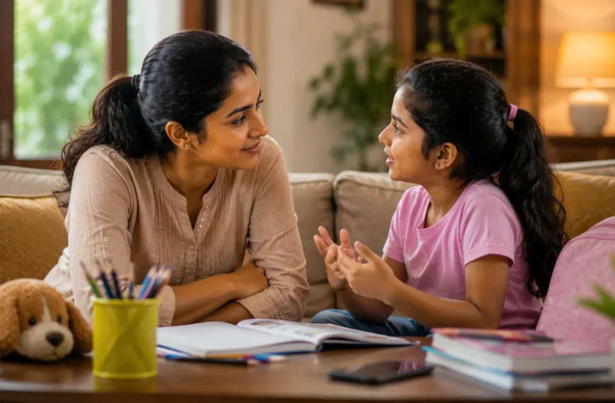 Parenting | Sri Lankan mother listening attentively to her daughter at home, sitting at eye level with warm eye contact, with books, a school bag, and toys nearby, symbolising positive parenting and healthy parent-child communication.