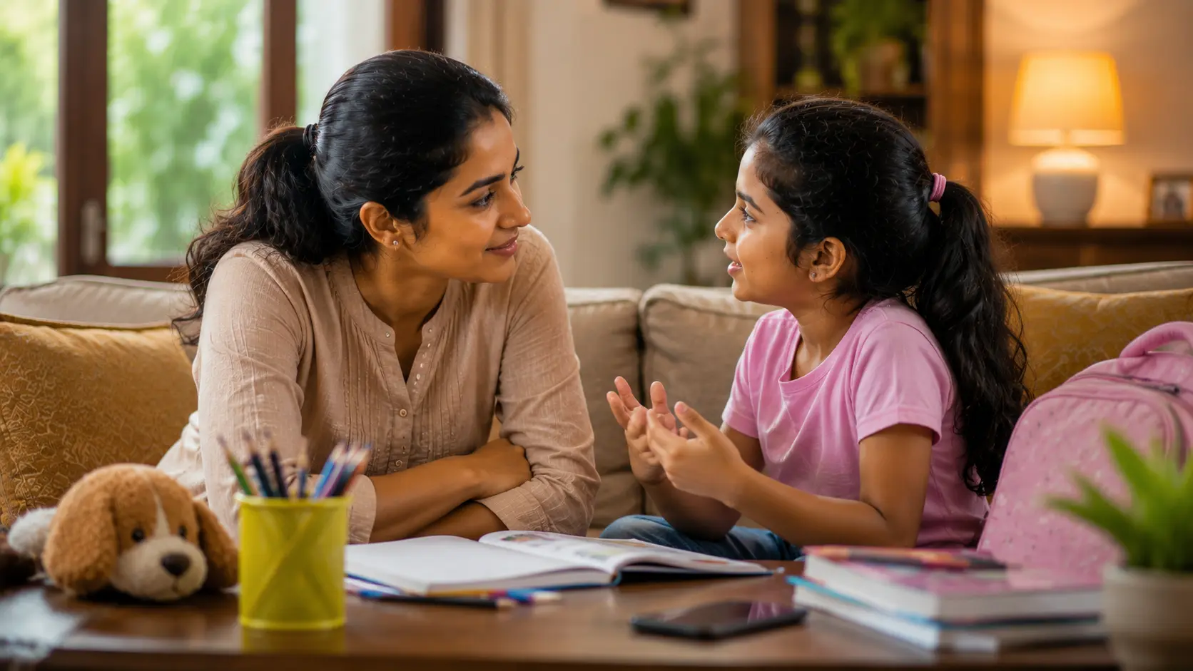 Parenting | Sri Lankan mother listening attentively to her daughter at home, sitting at eye level with warm eye contact, with books, a school bag, and toys nearby, symbolising positive parenting and healthy parent-child communication.