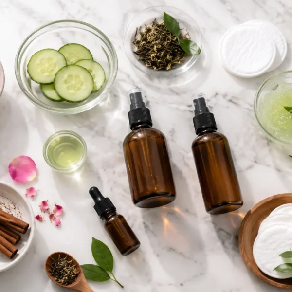 Toner | A skincare flat lay with amber spray bottles, rose petals, cucumber slices, green tea leaves, aloe vera, cinnamon sticks, cotton pads, and white towels arranged on a clean marble tabletop.