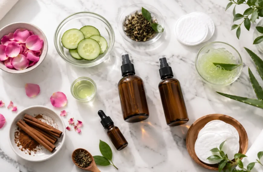 Toner | A skincare flat lay with amber spray bottles, rose petals, cucumber slices, green tea leaves, aloe vera, cinnamon sticks, cotton pads, and white towels arranged on a clean marble tabletop.