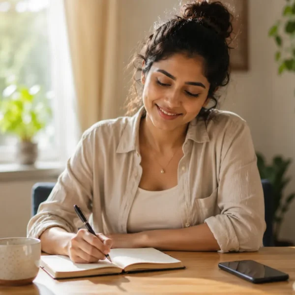 Social Media Comparison | Young Sri Lankan woman sitting at a wooden table in a bright, cozy home, smiling gently while writing in a gratitude journal. A smartphone rests face down beside her, while a cup of tea, indoor plants, and warm natural sunlight create a peaceful atmosphere. The scene represents self-reflection, emotional wellbeing, gratitude practice, and freedom from social media comparison.